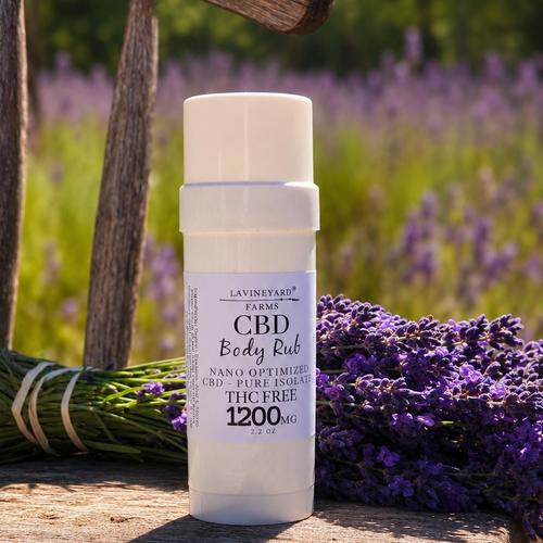 CBD body rub bottle with lavender flowers in the background