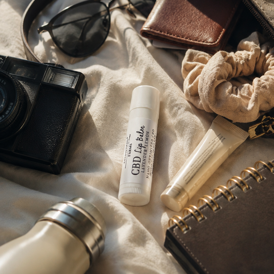 CBD lip balm on the bed